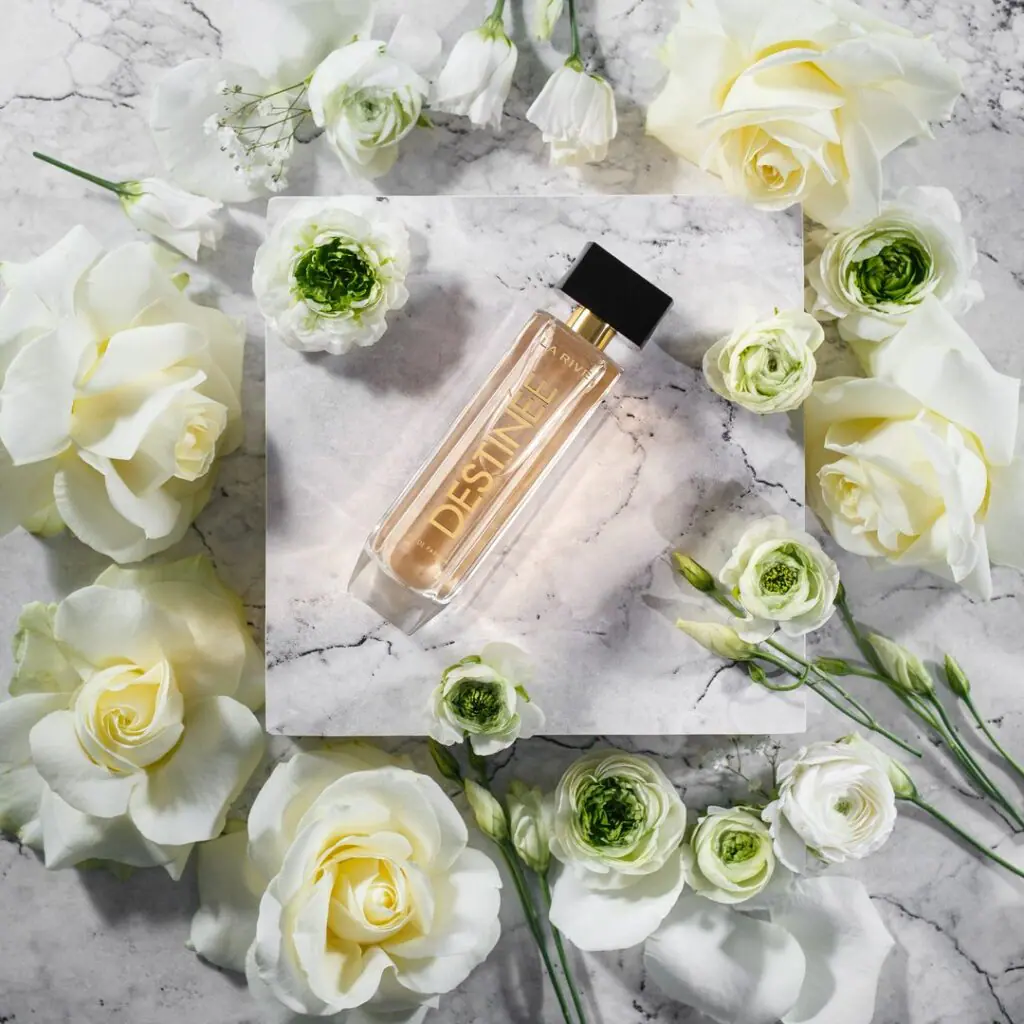 Perfumy La Rive Destinée wśród białych róż i eustomy na marmurze — ujęcie z góry pod social media