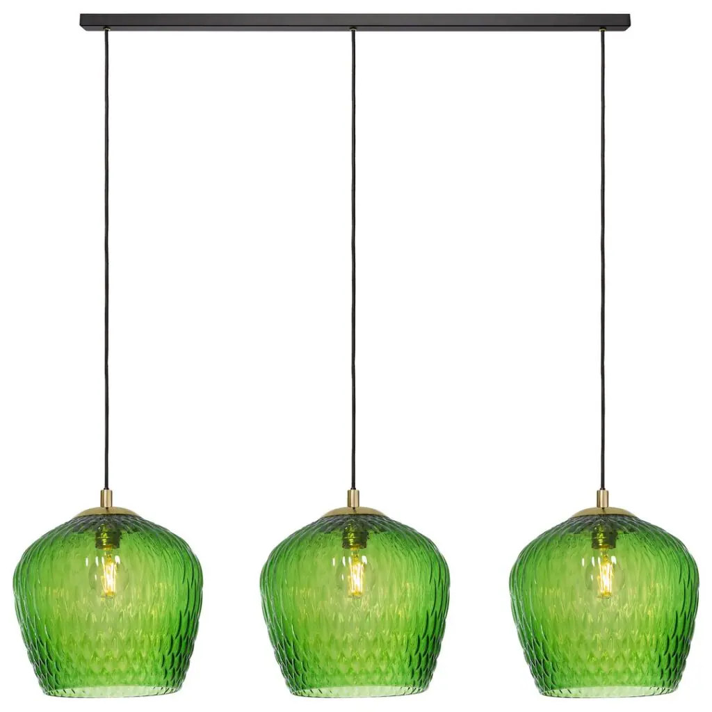 Zdjęcie produktowe lampy wiszącej z trzema zielonymi kloszami
