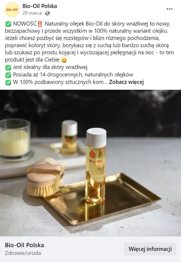 Post Bio-Oil Polska na Facebooku z aranżacją olejku i szczotki do ciała