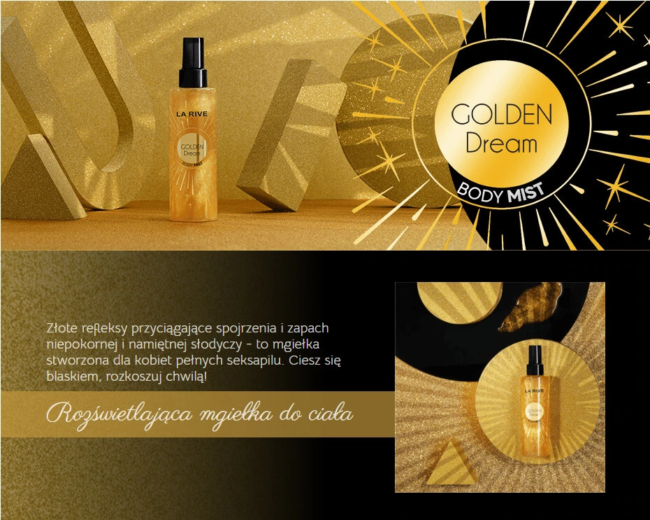 Karta produktowa mgiełki La Rive Golden Dream w złotej scenografii