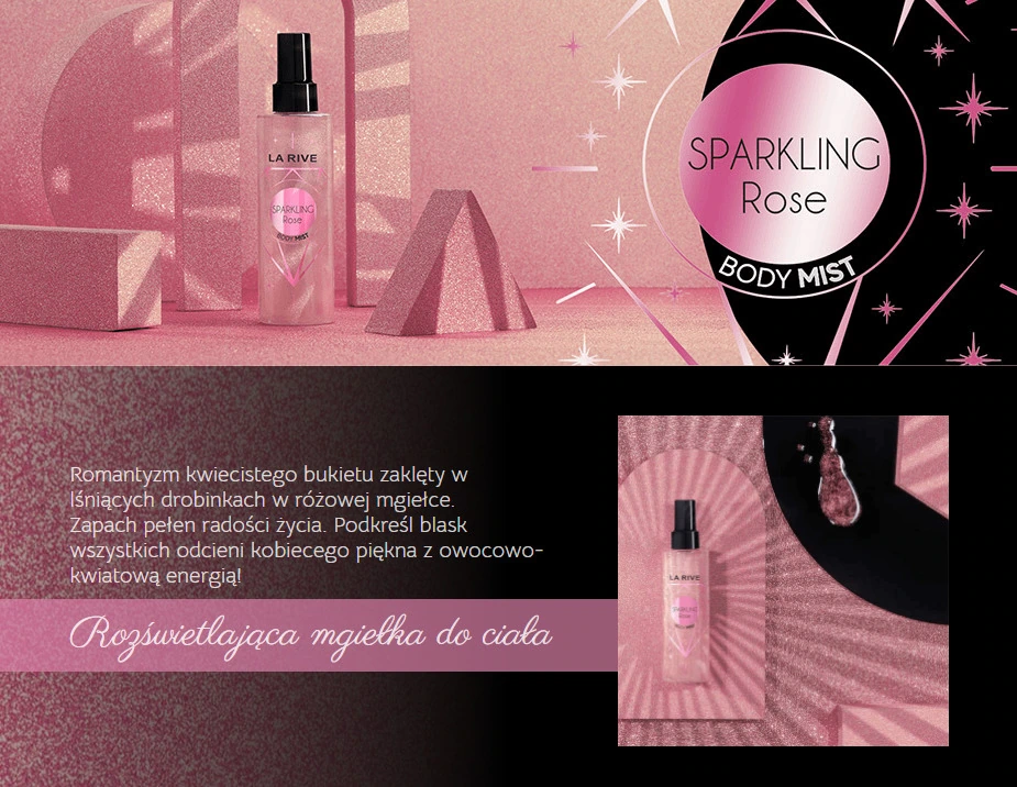 Karta produktowa mgiełki La Rive Sparkling Rose w różowej scenografii