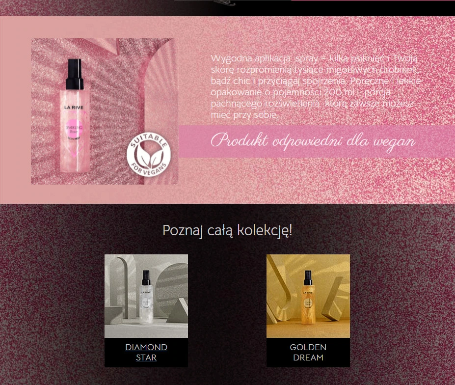 Karta produktowa mgiełki La Rive Sparkling Rose z naszymi zdjęciami całej kolekcji
