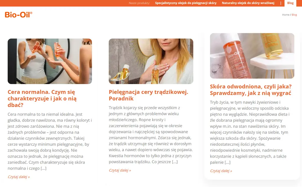 Sekcja poradnikowa na stronie Bio-Oil z naszymi zdjęciami