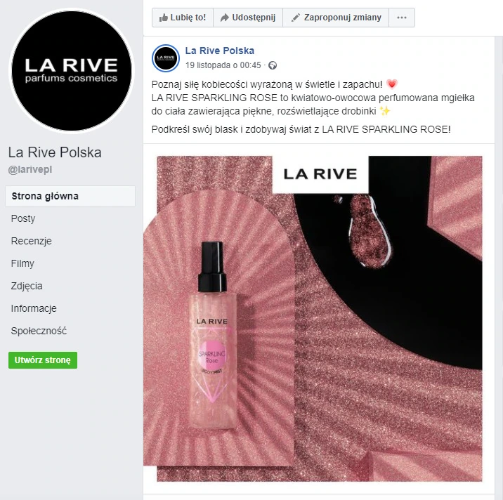 Post na Facebooku La Rive Polska z naszym zdjęciem mgiełki Sparkling Rose