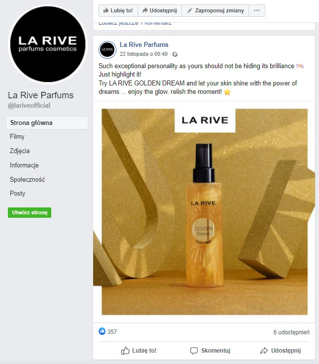 Post na Facebooku La Rive Parfums z naszym zdjęciem mgiełki Golden Dream