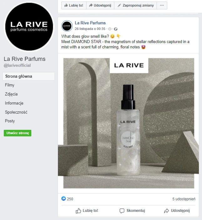 Post na Facebooku La Rive Parfums z naszym zdjęciem mgiełki Diamond Star