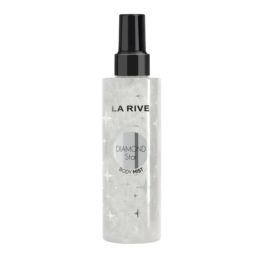 Mgiełka do ciała La Rive Diamond Star w srebrnej butelce z brokatem — packshot na białym tle