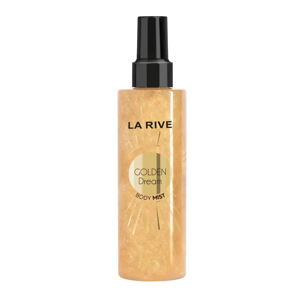Mgiełka do ciała La Rive Golden Dream w złotej butelce z brokatem — packshot na białym tle