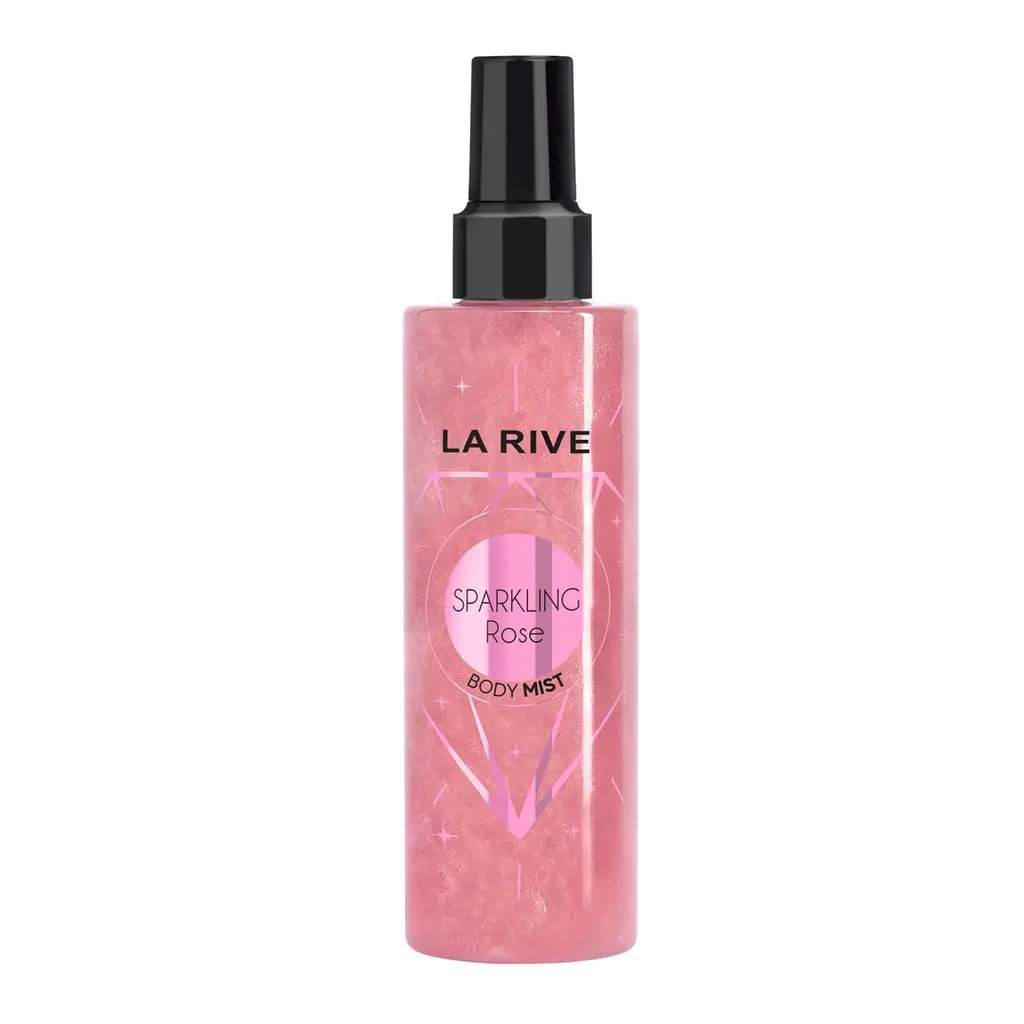 Mgiełka do ciała La Rive Sparkling Rose w różowej butelce z brokatem — packshot na białym tle