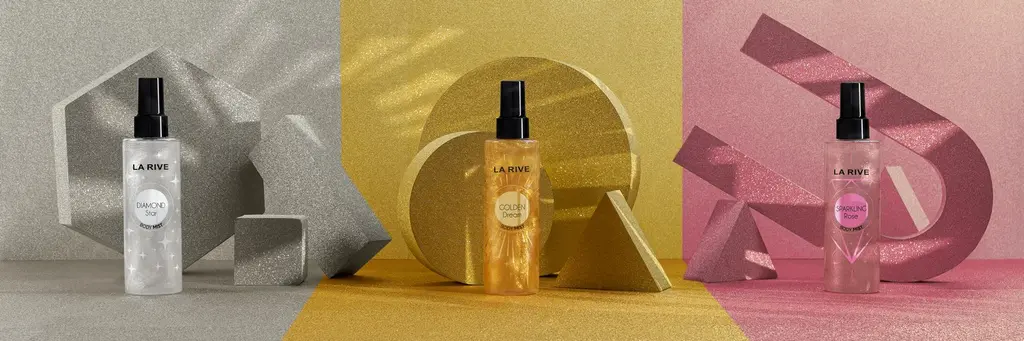 Trzy mgiełki La Rive w srebrnej, złotej i różowej scenografii — zestawienie linii produktów