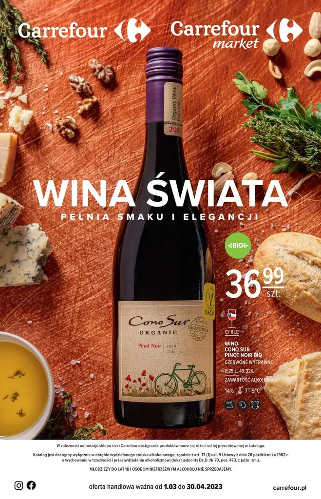 Okładka katalogu Carrefour „Wina świata" z naszym zdjęciem wina i przekąsek