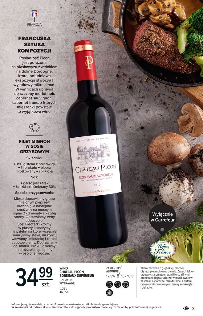 Strona katalogu Carrefour z winem Château Picon i propozycją filetu w sosie grzybowym