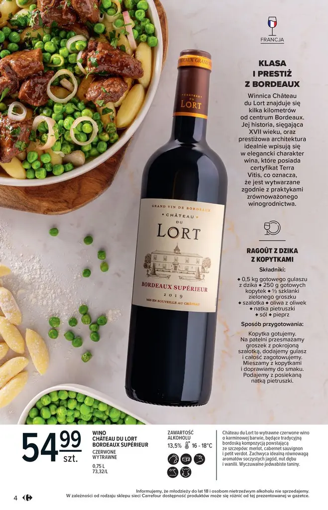 Strona katalogu Carrefour z winem Lort Bordeaux i propozycją dania z groszkiem