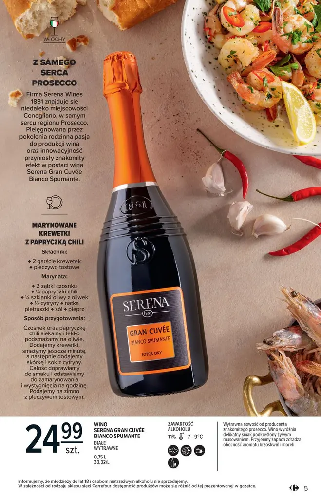 Strona katalogu Carrefour z prosecco Serena i propozycją dania z krewetkami