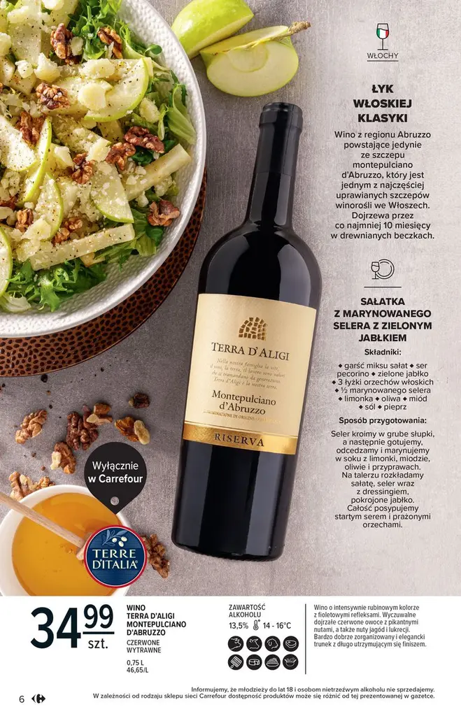 Strona katalogu Carrefour z winem Terra Italia i propozycją sałaty z bakłażanem