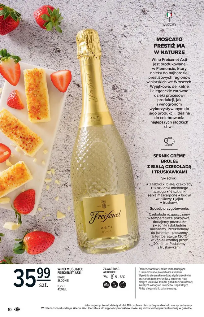 Strona katalogu Carrefour z winem musującym Freixenet i deserem z truskawkami