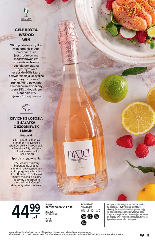 Strona katalogu Carrefour z winem różowym Divici i propozycją ceviche z łososia