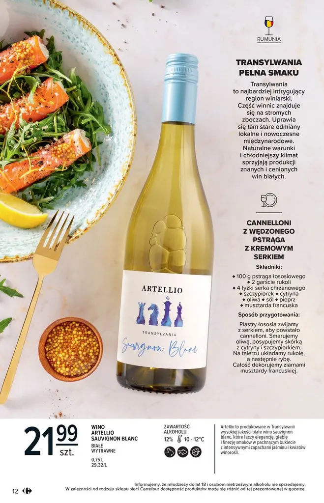 Strona katalogu Carrefour z winem Artelio białym i propozycją dania z łososiem
