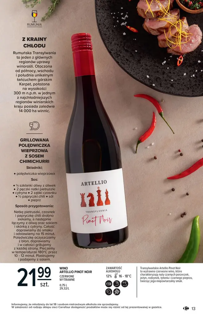 Strona katalogu Carrefour z winem Artelio i propozycją dania z krewetkami
