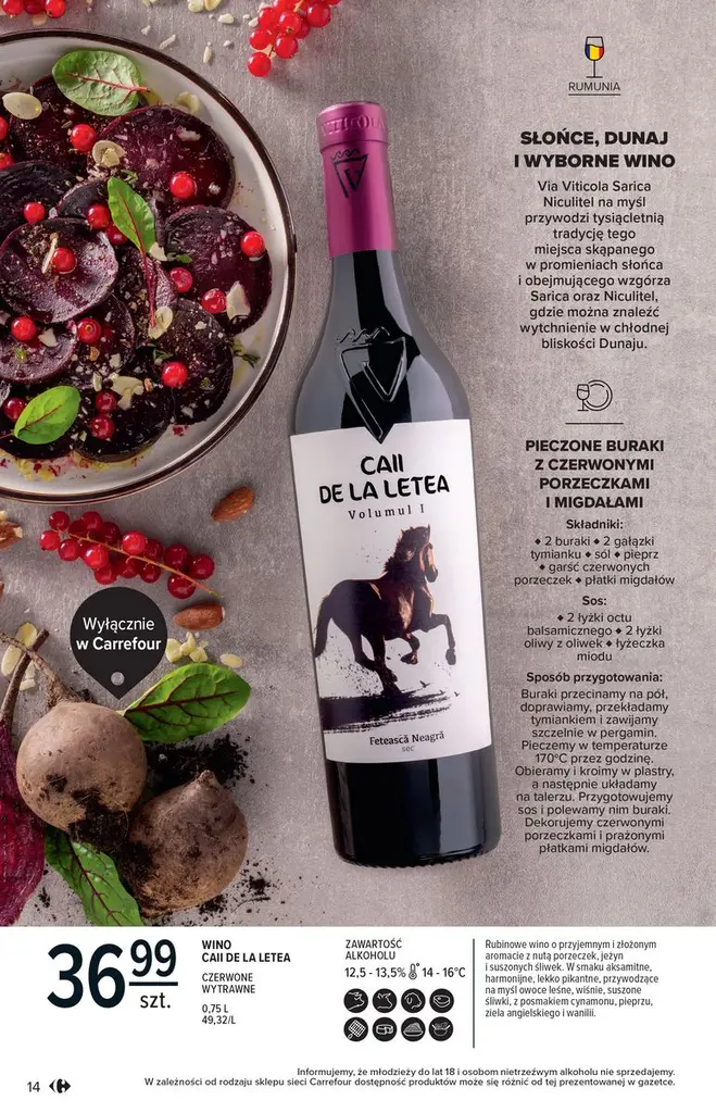 Strona katalogu Carrefour z winem Cab de la Letea i propozycją dania z burakami