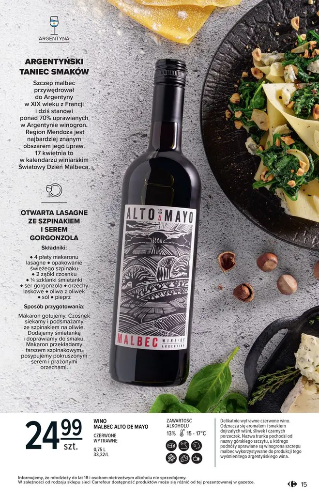 Strona katalogu Carrefour z winem Malbec i propozycją dania z makaronem