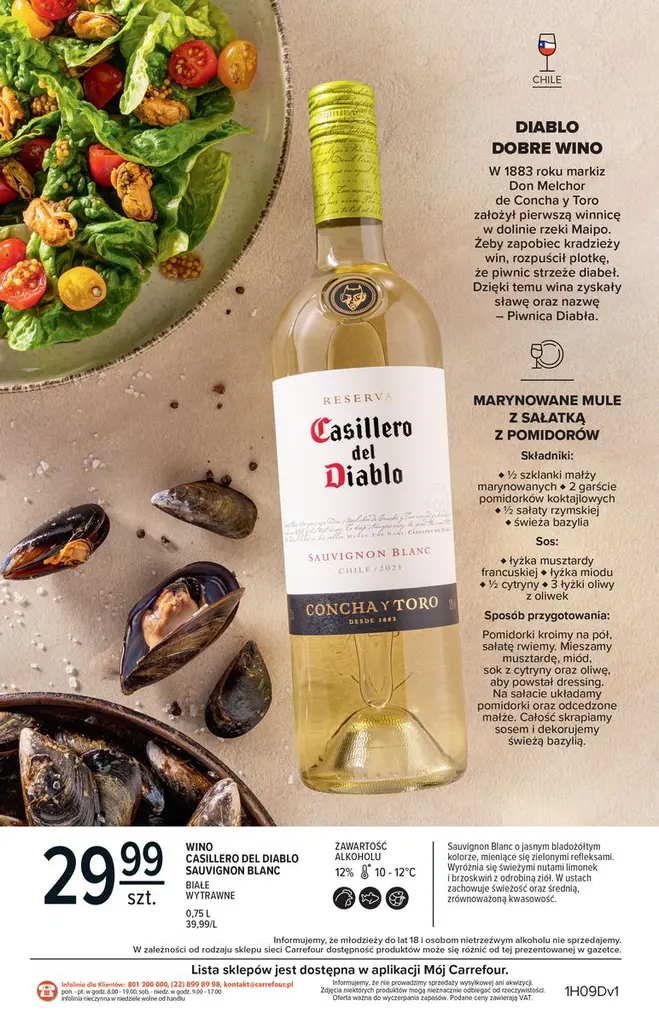 Strona katalogu Carrefour z winem Casillero del Diablo i propozycją dania z małżami