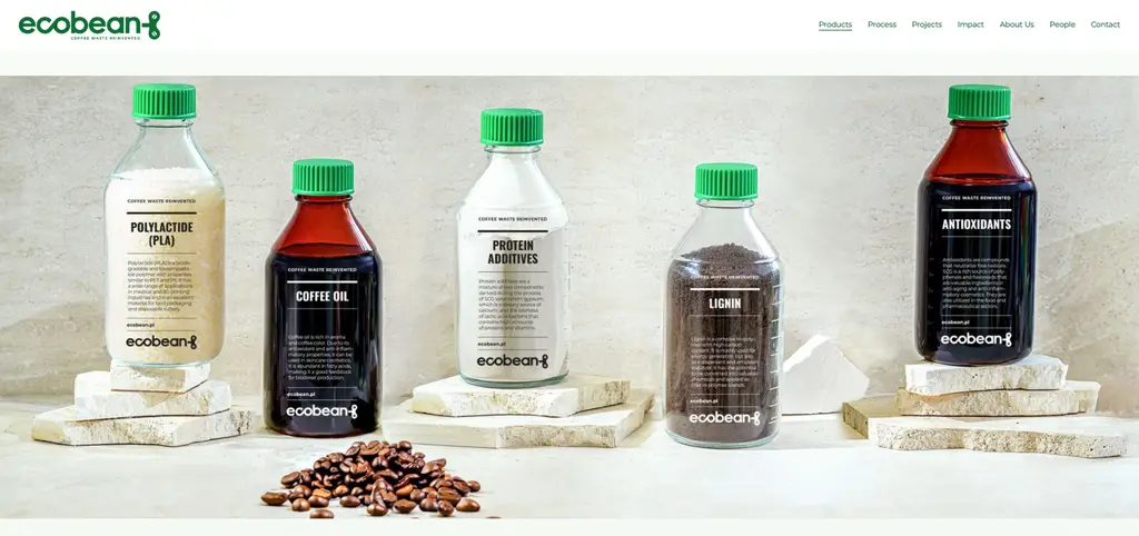 Strona internetowa EcoBean z naszym zdjęciem produktów w butelkach