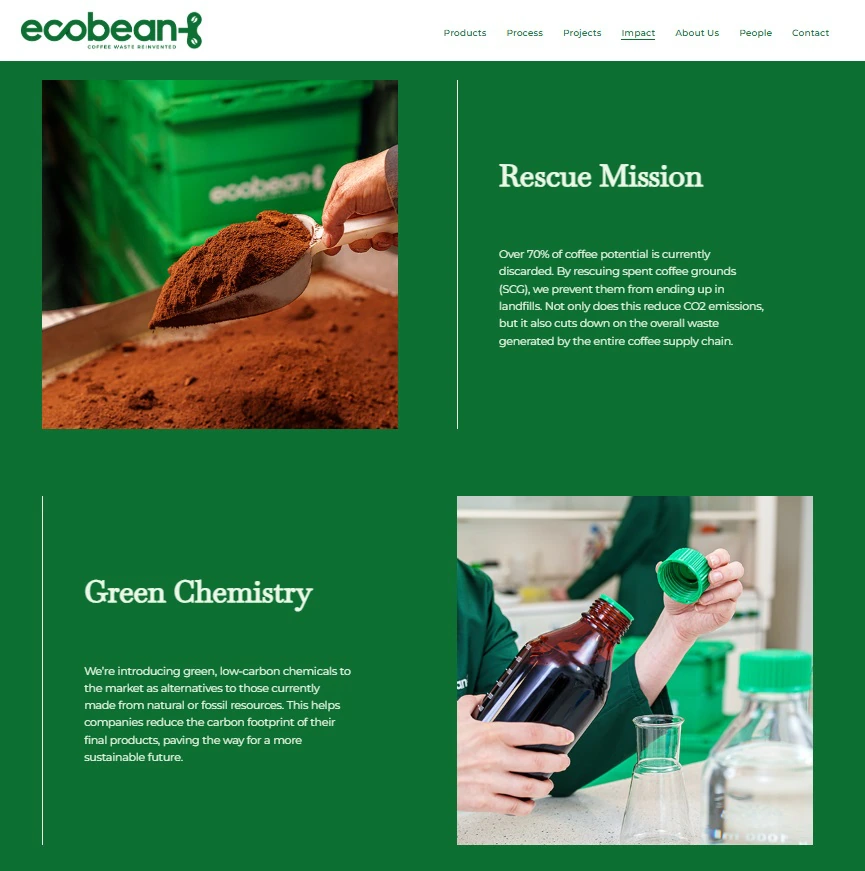 Strona EcoBean o misji i zielonej chemii z naszymi zdjęciami