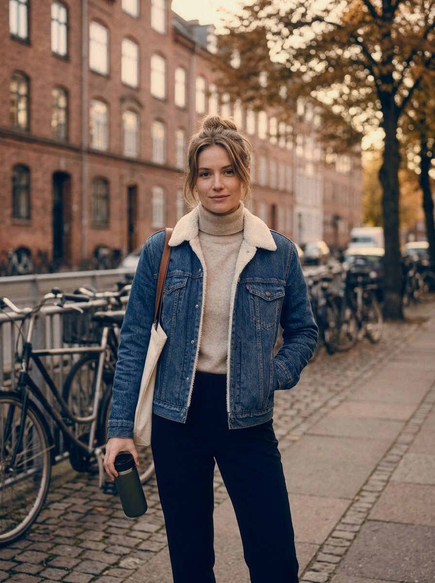 Zdjęcie AI: modelka w kurtce jeansowej z barankiem na jesiennej ulicy