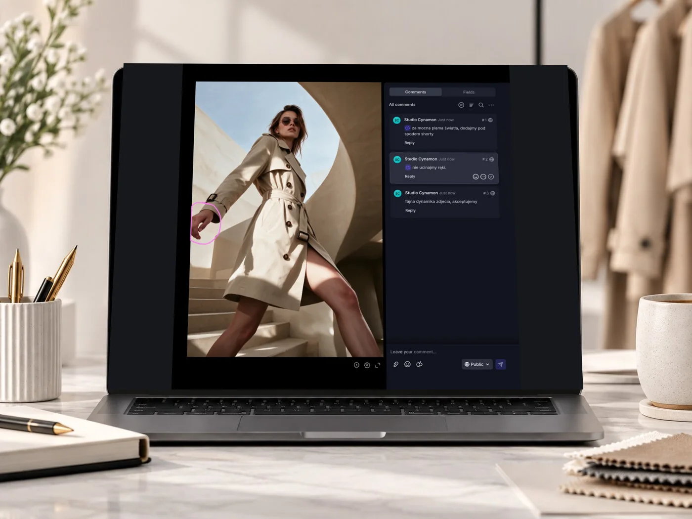 Akceptacja zdjęć we Frame.io — prawdziwe uwagi klienta przypięte do kadru